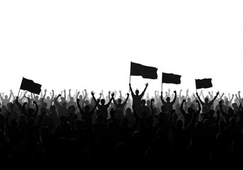 Crowd of people with raised fists and flags celebrating