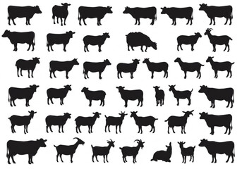 Collection of black silhouettes of farm animals including cows sheep and goats