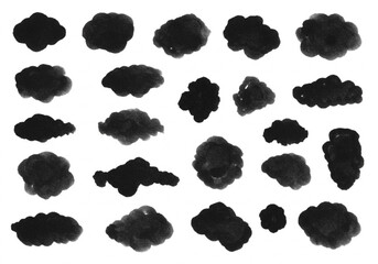Collection of black watercolor ink blots and brush strokes on white background