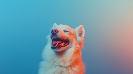 Close up portrait of a cute white dog sitting on a light blue background