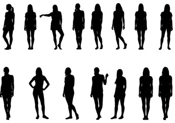 Collection of female silhouettes in various poses and outfits
