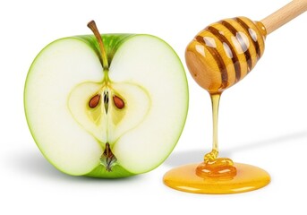 Green apple half with dripping honey from wooden dipper on white slice fruit
