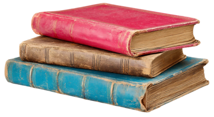A pile of three antique books isolated on transparent background