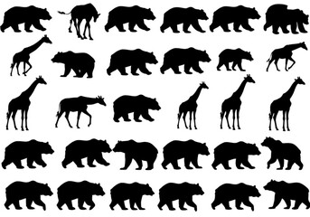 Collection of black bear and giraffe silhouettes on a white background