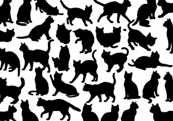 Seamless pattern of black cat silhouettes in various poses