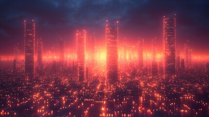 Futuristic city scape with orange light background illustration