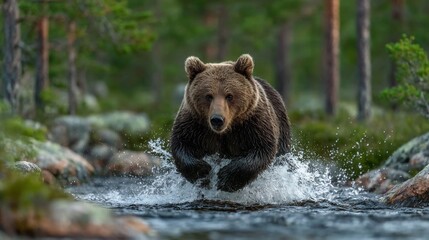 Obraz premium Majestic Brown Bear Leaping Through a Forest Stream