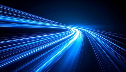 Abstract blue light trails curve on dark background, suggesting speed and movement