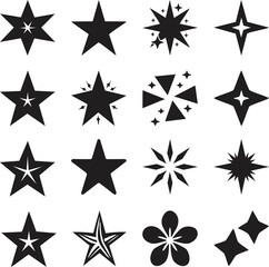 Obraz premium A modern and minimalist star vector icon set in black. Includes a variety of star designs such as outline, solid, sparkling, and stylized stars—perfect for digital design, user interfaces, celebration