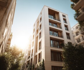 Fototapeta premium Modern multi-story residential apartment building with large glass and balconies set against sunny sky and surrounding greenery in urban area