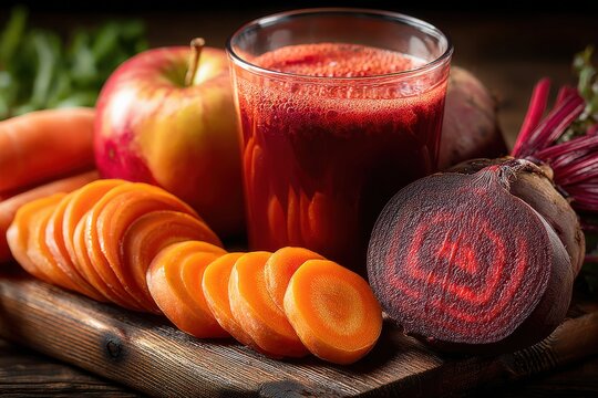 Freshly prepared beetroot and carrot juice in a clear glass surrounded by whole beets and s on rustic wooden table