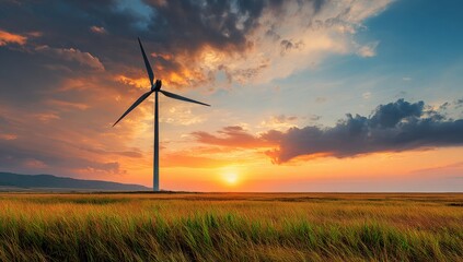 Obraz premium Vibrant Sunset Over Wind Turbine and Open Green Field with Dramatic Sky and Cloudscape Du Evening Time