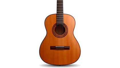 A classic wooden acoustic guitar, light brown, shown from the front, isolated on a white background