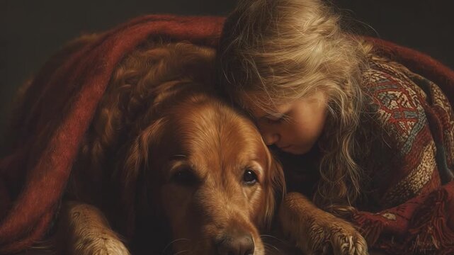 Inseparable Bond: A tender moment of solace unfolds as a young girl embraces her loyal canine companion, nestled snugly beneath a warm, inviting blanket.