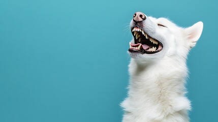 Close up portrait of a cute white dog sitting on a light blue background