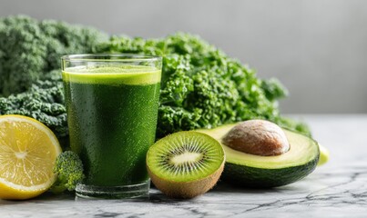 Refreshing vibrant green smoothie made from fresh kale spinach and kiwi with lemon and avocado on rustic wooden table