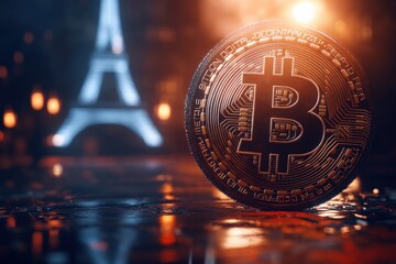 Close-up of a glowing Bitcoin digital currency coin with circuit patterns and the Eiffel Tower illuminated in the background at night