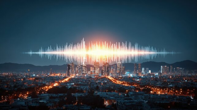 Vibrant cityscape at night with illuminated buildings and a dramatic sound wave graphic over skyline and mountains in the background