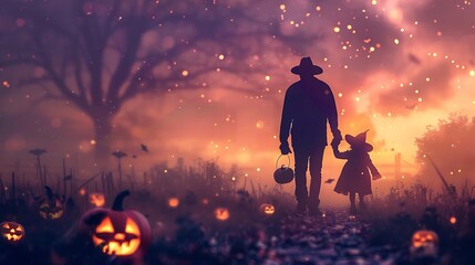 Fototapeta premium Silhouette of a Person and Child in Halloween Costume Walking in Spooky Autumn Landscape with Glowing Pumpkins and Falling Leaves