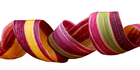 Abstract colorful vegetable ribbon, macro shot of vibrant purple, yellow, and green stripes on a curled vegetable slice against black background