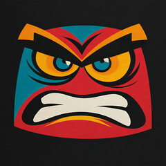  Stylized angry comic emoji with red and black graphic elements. 
