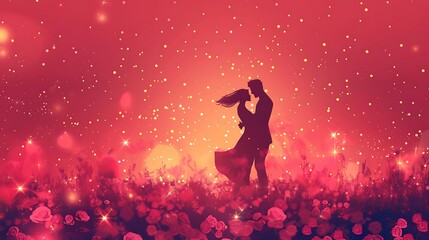 Silhouette of a Woman Dancing in a Romantic Pink Floral Field with Sparkling Lights and Glowing Effects