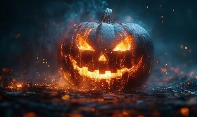 Fototapeta premium Glowing Jack O Lantern with Fiery Eyes and Smoke on Dark Ground halloween pumpkin