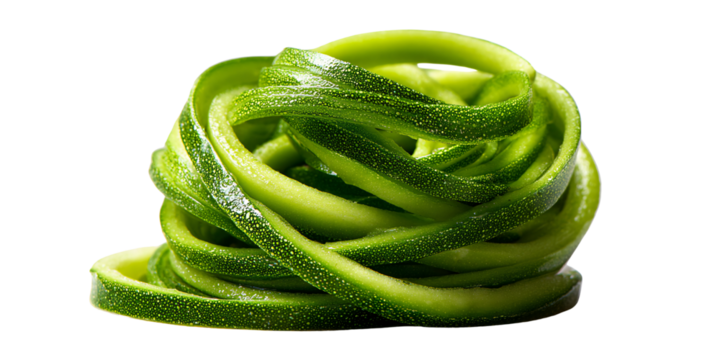 Fresh green zucchini noodles or zoodles, spiralized vegetable ribbons for healthy eating and raw food diet concept