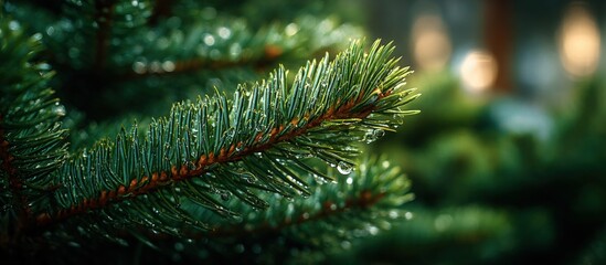 Close-up of a lush green pine tree branch with detailed needles and tiny water droplets, captu the essence of winter and holiday season Nature