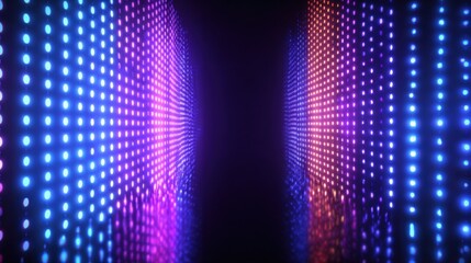 Futuristic glowing LED tunnel with vibrant blue pink purple neon lights creating a high tech digital abstract background
