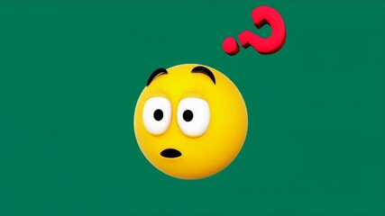 Animated Confused Emoji Surrounded by Red Question Marks on Green Background with Floating Elements - Powered by Adobe