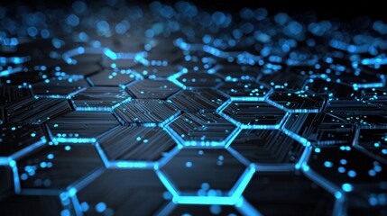 Obraz premium Futuristic Digital Technology Background with Glowing Hexagonal Circuits and High Tech Data Network Visualization in Dark Blue