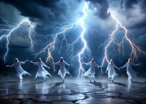 Figures in white robes dance in a circle under a dramatic sky filled with powerful lightning strikes - Powered by Adobe