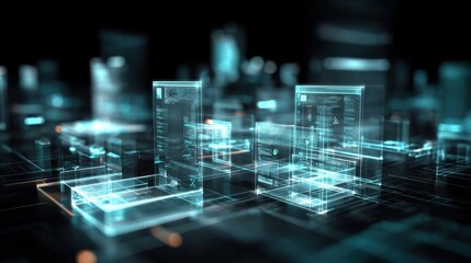 Futuristic digital data storage and technology servers with glowing holographic interfaces in a high-tech modern data center