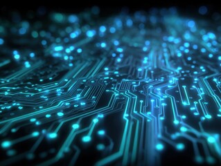 Obraz premium Abstract futuristic computer circuit board with glowing blue lights and digital technology lines representing innovation and connectivity