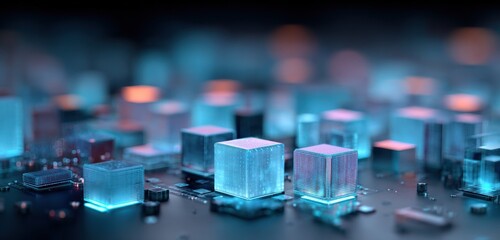 HighTech Digital Circuit Board with Illuminated Cube Microchips and Electronic Components on Blur Background 3D Render