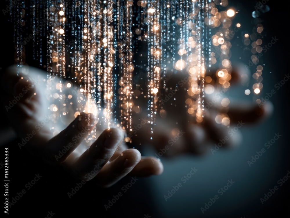Poster hands holding glowing digital data streams in a dark background with bokeh light effects and high te