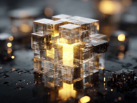 Futuristic glowing transparent cube structure composed of illuminated glass blocks on a dark digital data circuit background