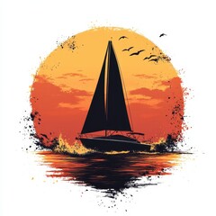 Sailing across a vibrant sunset on calm waters with silhouettes of birds flying in the sky