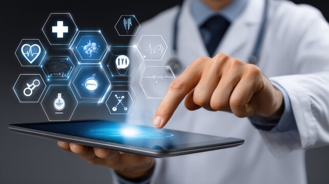 Advanced healthcare technology concept with medical icons on digital interface interacting with a healthcare professional using a tablet device - Powered by Adobe
