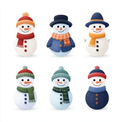Various charming snowmen adorned with colorful accessories in a cheerful winter setting