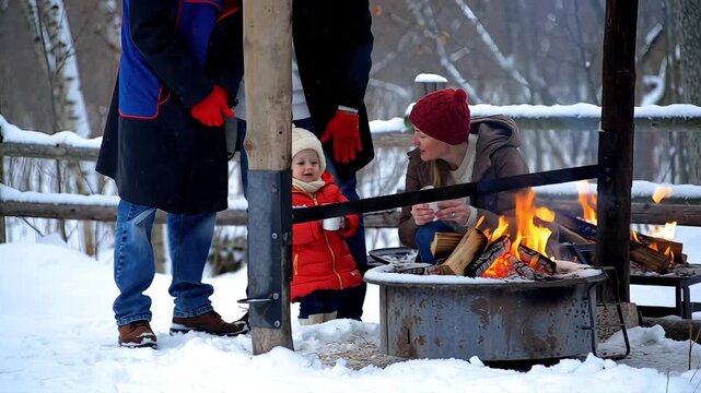 Family gathered around a warm campfire in the snowy winter landscape of lapland, finland, enjoying the holiday season and traditional sami culture with ethnic clothing