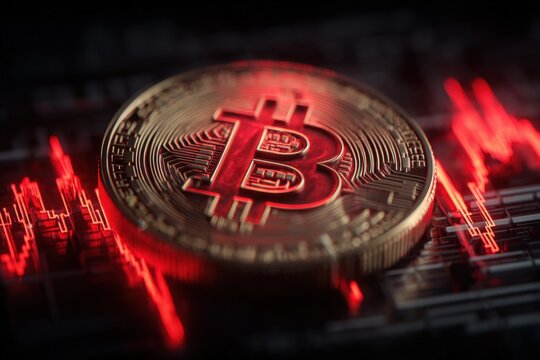 Close-up of a digital Bitcoin cryptocurrency coin on a futuristic blockchain technology background with glowing red data charts and financial graphs