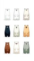 Cute cartoon polar and brown bears in a playful arrangement on a light background, showcasing different bear species