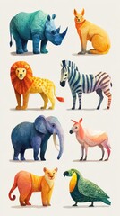 Colorful animal illustrations featuring a variety of species against a neutral background