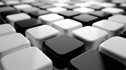 Obraz premium Close-up of a modern mechanical keyboard with black and white keys, detailed shot highlighting the keycaps and sleek design, perfect for tech and gaming setups