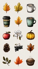 Fall season elements with leaves, warm beverages, and autumn produce showcasing cozy vibes