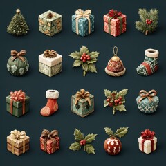 Festive decorations showcasing a variety of Christmas ornaments, gifts, and greenery arranged beautifully on a dark background