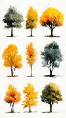 Colorful display of autumn trees with varying shades of yellow and gray in a creative arrangement