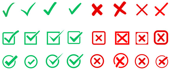 Check marks doodle set. Vote, yes, no, checkbox, checklist, tick and cross signs, v and x drawn concept. Hand drawn doodle sketch style vector illustration